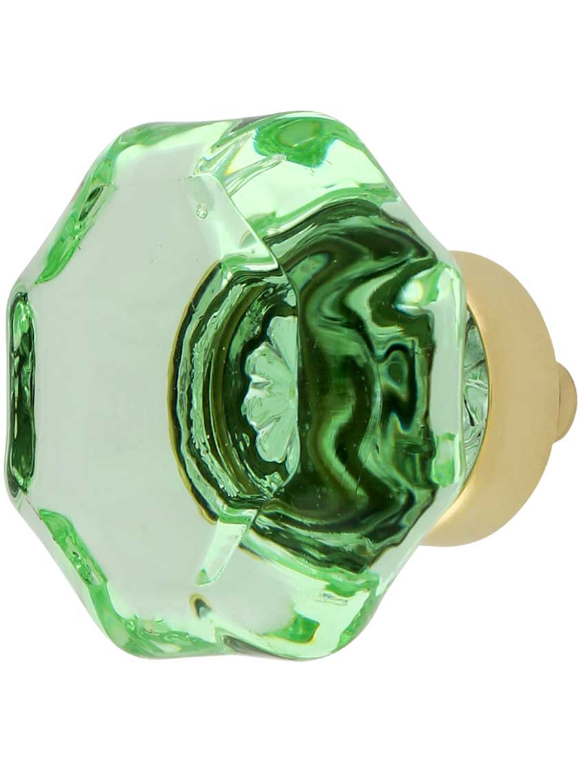 Pale Green Octagonal Glass Knob with Brass Base 1 5/8-Inch Diameter